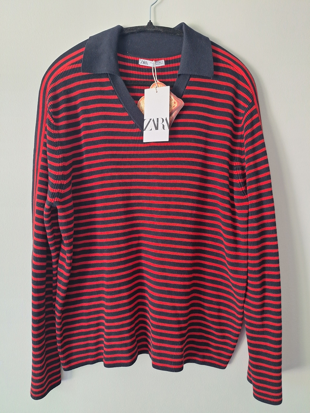 Zara Men’s Red and Black Striped Polo Sweater
